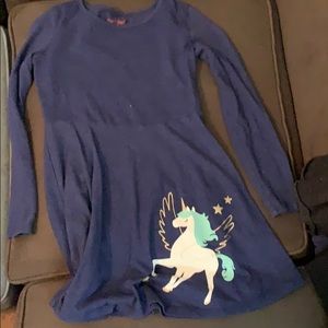 Long sleeved navy blue dress with unicorn